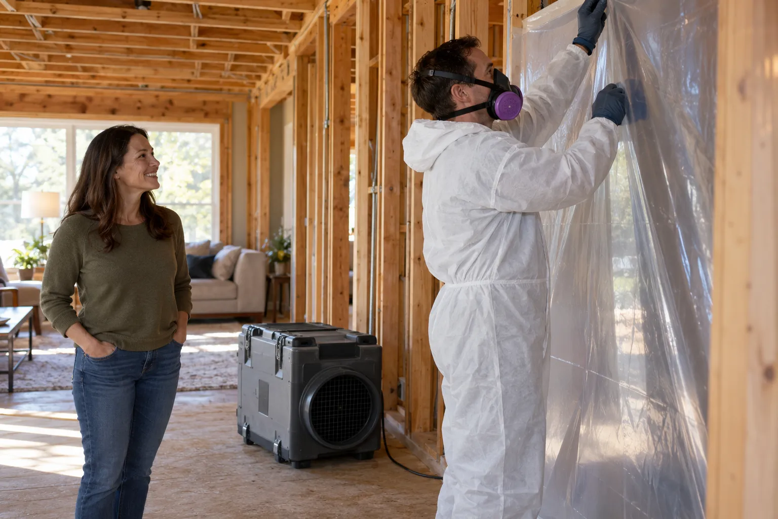 A local mold remediation provider in protective gear setting up containment in a Seattle home
